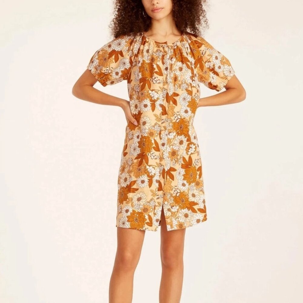 J. Crew Zinnia Floral V-Back Linen Mini Dress Camel Brown